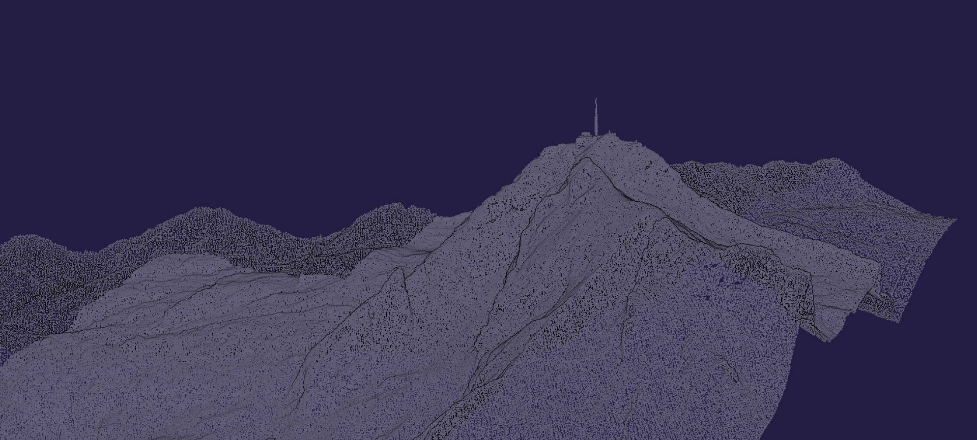 Wide point cloud of a mountain with visible peak